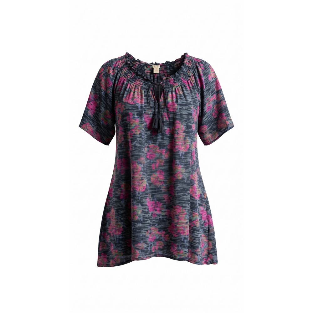 Faded Glory Pink Floral Space Dye Peasant Top Tassel Tie Blouse 2X 18W-20W
